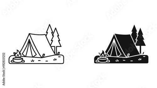 Camping Icons: Tent, Campfire, Trees, and Nature Scene Set