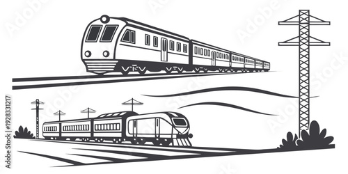 A vintage train and a modern train traveling on parallel tracks Vector