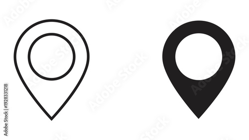 Two location pin icons, one outline, one solid black, isolated on white background
