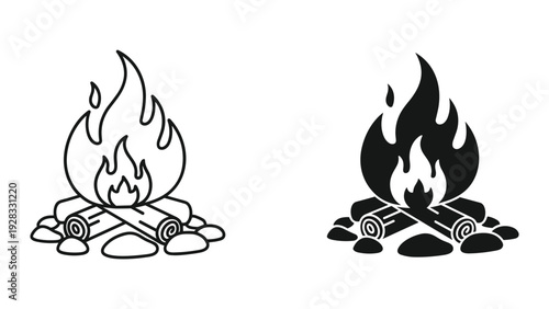 Campfire Icons: Line Art and Silhouette of Burning Wood with Flames