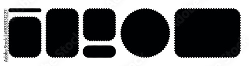 Solid black postage stamp shapes with perforated borders, circle and rectangular frames isolated on transparent background, bold minimal postal design templates for branding, printing, creative layout