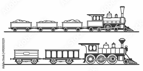 A detailed illustration of a steam locomotive pulling freight cars on a railway track Vector
