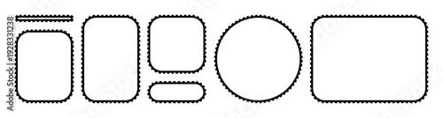 Black silhouette postage stamp frames set with rounded corners, circle and rectangular shapes, perforated edges, bold graphic elements on transparent background, modern postal template collection