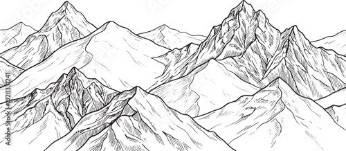 Detailed black and white illustration of rugged mountain range with snow capped peaks and sharp slopes on a plain background