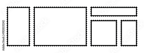 Vintage postage stamp frame set isolated on transparent background, blank template collection with perforated edges, retro mail border design elements for scrapbook collage branding mockup layout kit