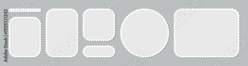 Light embossed postage stamp frame set with perforated edges, circle and rounded rectangle shapes isolated on gray background, subtle paper effect postal templates for elegant branding design