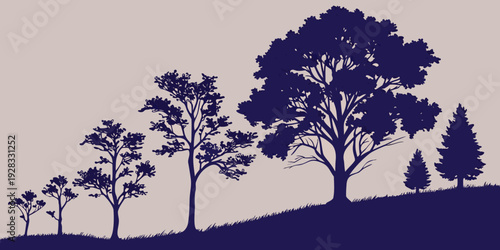 Silhouettes of trees and a person on a hill at sunset with a bird flying in the sky Vector