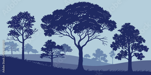 Silhouettes of trees against a twilight sky in a serene landscape setting Vector