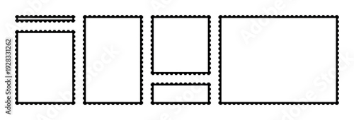 Horizontal postage stamp frame templates isolated on transparent background, assorted blank mockup panels with perforated contour, postal border collection for branding presentation scrapbook design