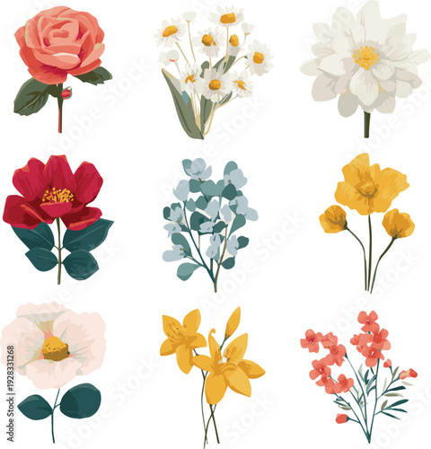 Create a Flat vector birth flowers collection vector art of white background