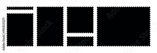 Black horizontal postage stamp frames isolated on transparent background, blank silhouette templates with perforated contour, postal border collection for branding presentation graphic layout set pack