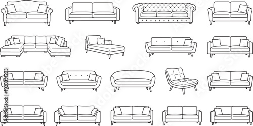 Collection of various sofas and couches in different styles and designs furniture illustrations