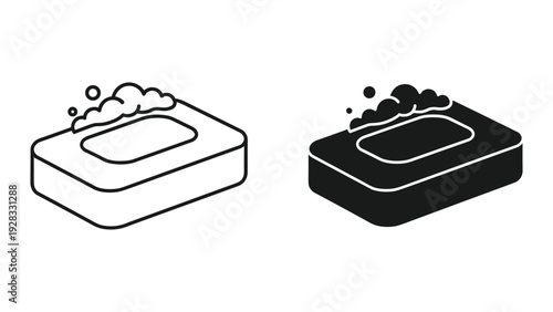 Soap Bar Icon Set with Foam Bubbles, Outline and Solid Styles