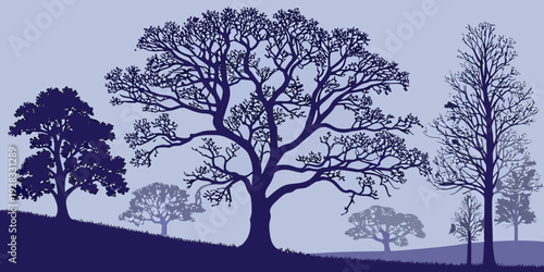 A majestic tree standing tall on a rolling hillside under a clear blue sky. Vector