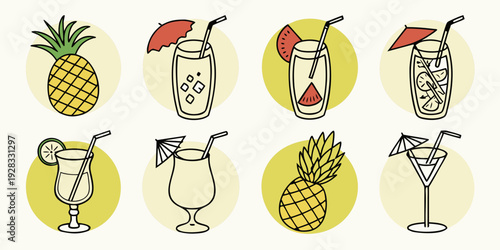 Assorted tropical fruits and vegetables with umbrellas on a white background Vector