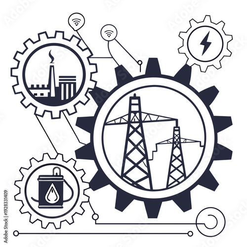 Of industrial gears with power plant and oil barrel