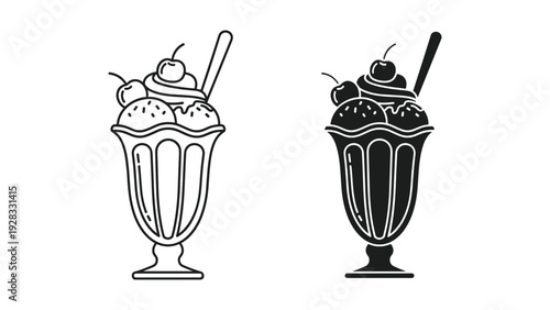 Ice Cream Sundae Icon Set: Outline and Silhouette of Dessert