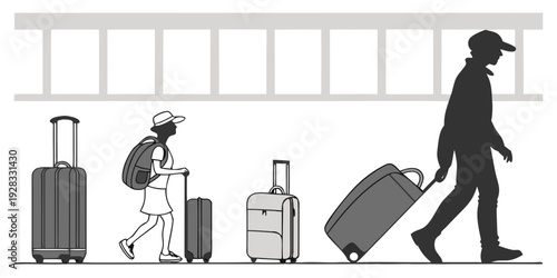 People with luggage walking through an airport terminal. Vector