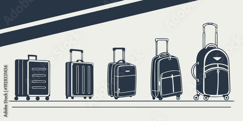 A variety of suitcases and bags lined up in a row against a dark background Vector