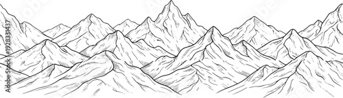 Mountain range landscape with peaks and hills in a sketch style on a white background for design and decoration purposes