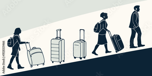 A diverse group of people walking with their luggage in an airport Vector