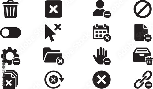 Black icons depicting various deletion and cancellation actions on a white background for design and technology concepts