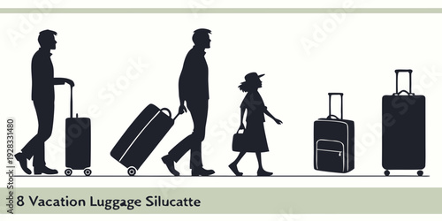 Family of four walking with luggage at an airport, ready for vacation. Vector