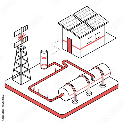 Isometric view of solar powered energy storage system with wind turbine