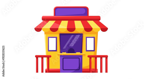 Brightly Colored Cartoon Kiosk with Red Yellow Awning and Purple Accents stall booth