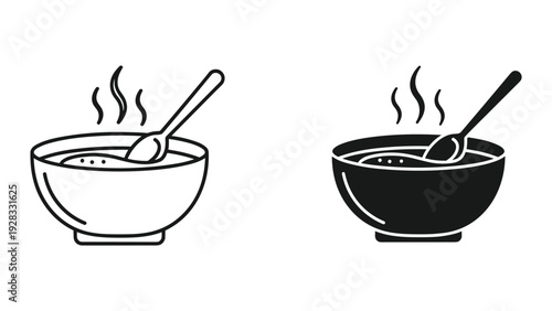Hot Soup Bowl With Spoon Icon Set, Line Art and Silhouette