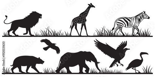 A diverse collection of african wildlife in a natural setting. Vector