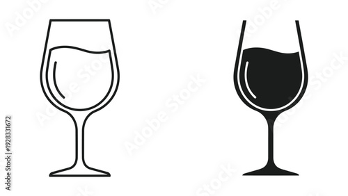 Line Art and Silhouette Wine Glass Icons on White Background