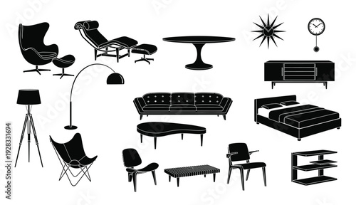 modern furniture and decorative items rendered as clean, minimalist black vector silhouettes against a stark white background. 