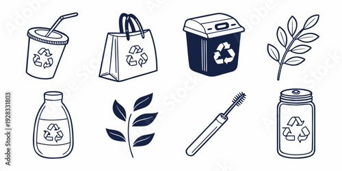 Illustrations of various recycling symbols and icons representing eco-friendly practices. Vector