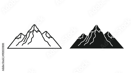 Two Mountain Peaks Vector Icons: Outline and Silhouette