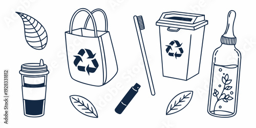 Assorted recyclable items including plastic bottles, bags, and containers Vector