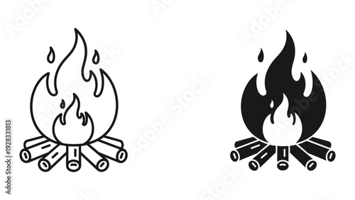 Campfire Icon: Line Art and Solid Black Silhouette