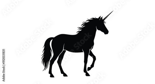 A majestic unicorn stands in profile a striking black silhouette