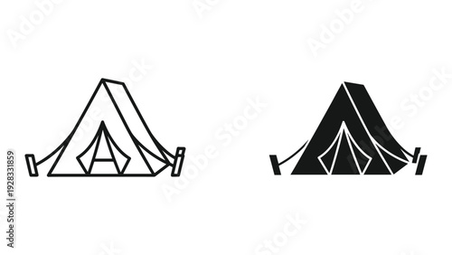 Camping Tent Icon Set: Line Art and Solid Silhouette on White Background