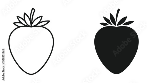 Strawberry Outline and Solid Silhouette Icons on White Background