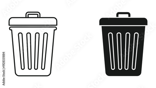 Trash Can Icons: Outline and Solid Fill, White Background