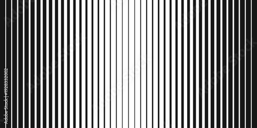 Black straight parallel vertical lines of different thickness thin in center. Halftone background from stripes for design. Vector illustration isolated on transparent