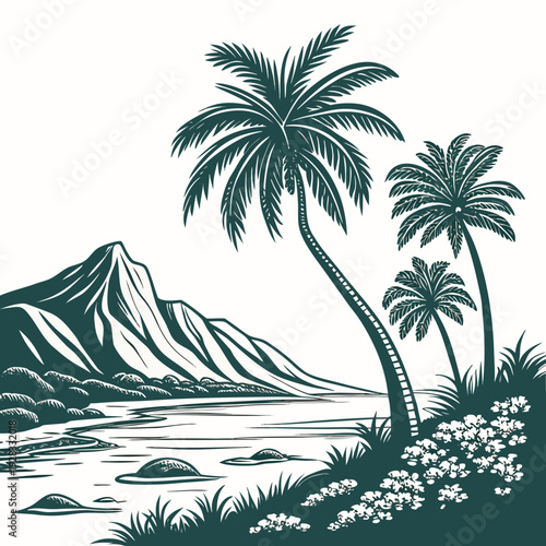 Monochromatic tropical shoreline with palm trees and mountain
