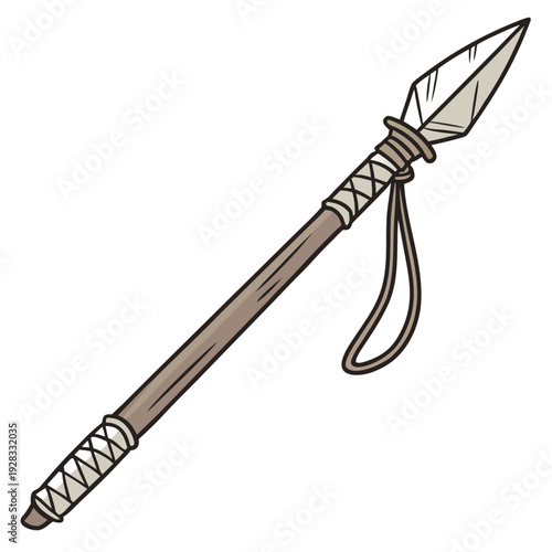 Prehistoric spear with stone tip and leather wrapping