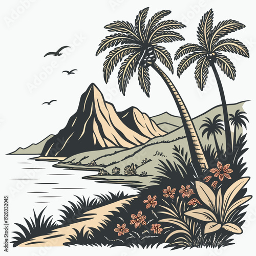Tropical shoreline with palm trees and mountain beach