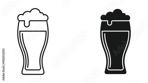 Beer Glass Icons: Outline and Solid Fill, Vector Art, Isolated on White