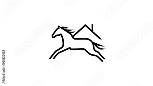 Minimalist line art icon of a running horse with a house roof. Simple vector graphic for home, property, or equestrian themes.
