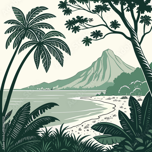 Tropical shoreline landscape with palm trees and mountain