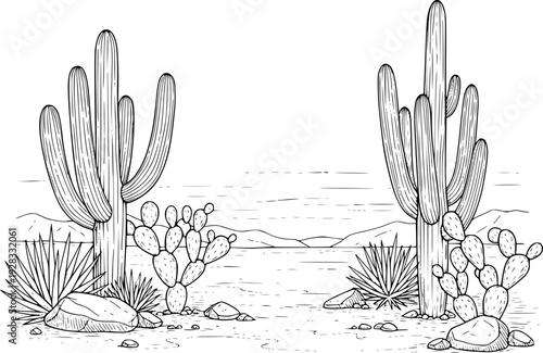 Hand drawn line desert landscape with saguaro and prickly pear cacti cactus