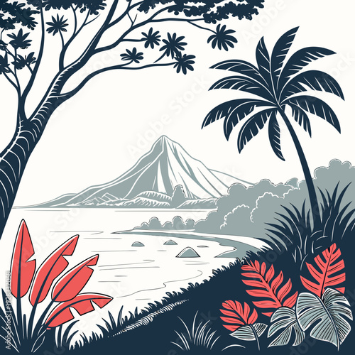 Tropical shoreline landscape with volcano palm trees and plants